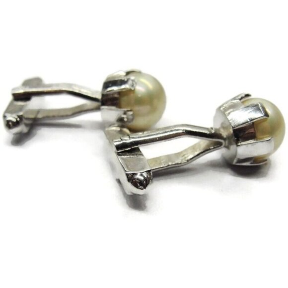 Imitation Pearl Silver Tone Cufflinks Tux Shirt Dress Suit Vintage - Picture 6 of 7
